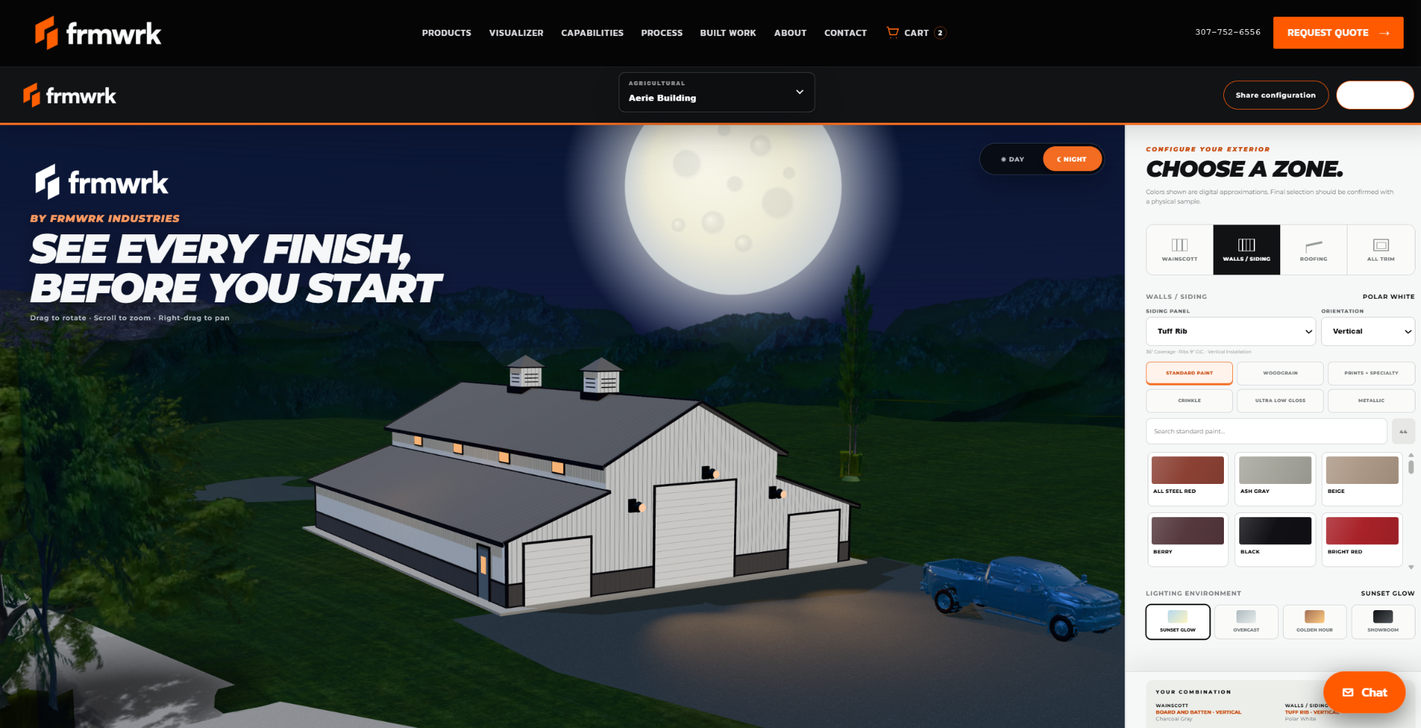 MDLR 3D building visualizer displaying white siding, dark roofing, and selectable finishes at night